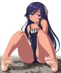 Rule 34 | 1girl, ass, bare legs, bare shoulders, barefoot, black one-piece swimsuit, blush, breasts, commentary, dd (ijigendd), full body, headgear, highres, i-400 (kancolle), kantai collection, long hair, looking at viewer, one-piece swimsuit, one-piece tan, open mouth, purple eyes, purple hair, school swimsuit, shiny clothes, simple background, sitting, skindentation, small breasts, smile, soles, solo, swimsuit, tan, tanline, toes, wet, white background