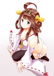 Rule 34 | 10s, 1girl, ahoge, arm support, ass, bare shoulders, black legwear, blush, breasts, brown hair, cleavage, detached sleeves, double bun, hair bun, hairband, headgear, highres, japanese clothes, kantai collection, kongou (kancolle), long hair, looking at viewer, no bra, nontraditional miko, panties, ponnetsu, purple eyes, side-tie panties, sitting, smile, solo, thong, underwear, white panties