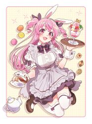 Rule 34 | 1girl, animal ears, blush, border, bow, bow legwear, bowtie, breasts, brown footwear, coffee, coffee cup, collar, commentary, cookie, cup, detached sleeves, disposable cup, dress, drill hair, drop shadow, food, frilled dress, frills, full body, grey dress, highres, holding, holding plate, holding tray, kneeling, layered dress, legwear garter, long hair, looking at viewer, macaron, medium breasts, medium dress, open mouth, original, outside border, parfait, pink border, pink eyes, pink hair, plate, polka dot, polka dot background, puffy short sleeves, puffy sleeves, purple bow, purple bowtie, rabbit ears, shoes, short sleeves, solo, straight hair, symbol-only commentary, teapot, teeth, thighhighs, tokira nozumi, tray, twin drills, two side up, upper teeth only, waitress, white background, white border, white collar, white thighhighs, wrist cuffs, yellow background, zettai ryouiki
