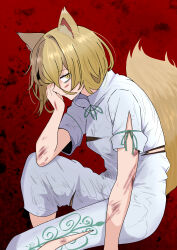 Rule 34 | 1girl, absurdres, animal ear fluff, animal ears, arm at side, blonde hair, closed mouth, commentary request, defeat, feet out of frame, fox ears, fox girl, fox tail, from side, green ribbon, hair between eyes, hand up, highres, knee up, kudamaki tsukasa, looking at viewer, medium hair, nara (gsx250r anzio), neck ribbon, profile, red background, ribbon, scar, scar on arm, scar on face, scar on leg, simple background, sitting, sleeve ribbon, slit pupils, solo, tail, tail raised, torn clothes, touhou, white romper, yellow eyes
