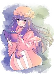 Rule 34 | 1girl, :o, blush, book, capelet, crescent, crescent hat ornament, cropped legs, dress, frills, hat, hat ornament, highres, holding, holding book, long hair, looking at viewer, mob cap, ochazuke, open book, parted lips, patchouli knowledge, pink capelet, pink dress, pink hat, purple eyes, purple hair, simple background, smoke, solo, touhou, very long hair