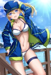 Rule 34 | 1girl, absurdres, ahoge, artoria pendragon (fate), baseball cap, beach, bikini, blonde hair, blue eyes, blue hat, blue jacket, blue sky, blush, breasts, cleavage, fate/grand order, fate (series), hair between eyes, hair through headwear, hat, highres, jacket, large breasts, long hair, long sleeves, looking at viewer, mysterious heroine x (fate), mysterious heroine xx (fate), navel, open mouth, ponytail, sidelocks, sky, smile, solo, swimsuit, thighs, toukan, white bikini
