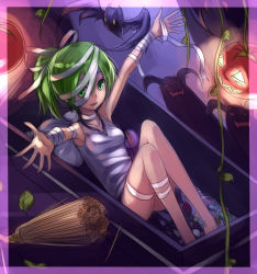 Rule 34 | 1girl, bandages, bat (animal), border, broom, coffin, collarbone, duel monster, green eyes, green hair, hair ornament, hair tie, hairband, halloween, leaf, looking at viewer, matching hair/eyes, mystic tomato, no panties, open mouth, outstretched arms, pillow, plant, ponytail, pumpkin, sidelocks, solo, spread arms, sukumo (kemutai), vines, wynn (yu-gi-oh!), wynn the wind charmer, yu-gi-oh!, yu-gi-oh! duel monsters