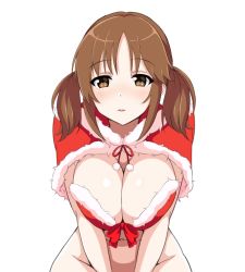 Rule 34 | 1girl, arms between legs, between thighs, bikini, bottomless, breasts, brown eyes, brown hair, cleavage, fur-trimmed bikini top, fur-trimmed hood, fur trim, fur trimm, hood, idolmaster, idolmaster cinderella girls, large breasts, looking at viewer, navel, out-of-frame censoring, pom pom (clothes), red ribbon, ribbon, short hair, sidelocks, simple background, solo, swimsuit, tawashi1623, totoki airi, twintails, upper body, v arms, white background, wide hips