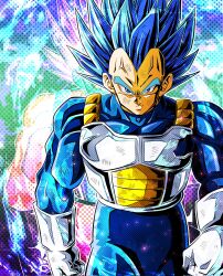 Rule 34 | 1boy, armor, biceps, blue bodysuit, blue eyes, blue gloves, blue hair, bodysuit, closed mouth, collarbone, commentary request, dragon ball, dragon ball super, gloves, halftone, highres, light particles, looking at viewer, male focus, multicolored background, muscular, muscular male, pectorals, saiyan armor, serious, solo, spiked hair, standing, super saiyan, super saiyan blue, ushi (akabec0), v-shaped eyebrows, vegeta, veins