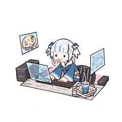 Rule 34 | 1girl, bendy straw, blue hair, blue hoodie, chair, chibi, closed mouth, commentary request, computer, computer tower, drinking straw, food, food in mouth, gawr gura, gawr gura (1st costume), hair ornament, highres, holographic monitor, hololive, hololive english, hood, hood down, hoodie, keyboard (computer), long sleeves, mouse (computer), mouth hold, multicolored hair, office chair, pizza, pizza box, pizza slice, simple background, smile, solid circle eyes, solo, streaked hair, swivel chair, takeru (hashiru11275), two side up, virtual youtuber, watson amelia, white background, white hair, wide sleeves