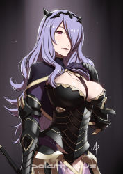 Rule 34 | 1girl, breasts, camilla (fire emblem), cleavage, dark background, female focus, fire emblem, fire emblem fates, gradient background, hair over one eye, large breasts, long hair, nintendo, polarityplus, purple eyes, purple hair, solo