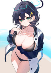Rule 34 | 1girl, absurdres, aqua-framed eyewear, bikini, black bikini, black hair, blue archive, blue halo, blush, breasts, chihiro (blue archive), cleavage, closed mouth, collarbone, cowboy shot, glasses, green eyes, hair between eyes, hair ornament, halo, highres, jacket, large breasts, long sleeves, looking at viewer, navel, open clothes, open jacket, pipipipyu, rabbit hair ornament, short hair, solo, swimsuit, white jacket