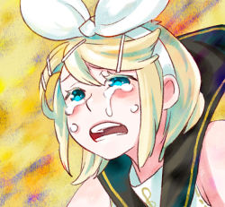 Rule 34 | 1girl, bad id, bad pixiv id, blonde hair, blue eyes, bow, crying, crying with eyes open, hair bow, hair ornament, hairclip, headphones, kagamine rin, open mouth, portrait, sailor collar, short hair, sleeveless, solo, swept bangs, tears, treble clef, vocaloid, white bow