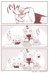 Rule 34 | 10s, 2girls, 3koma, ^ ^, bag, blush, bowl, chestnut, claws, closed eyes, comic, detached sleeves, closed eyes, heart, horns, kantai collection, mittens, monochrome, multiple girls, northern ocean princess, o o, seaport princess, signature, single horn, sparkle, spoken heart, translation request, twitter username, yamato nadeshiko