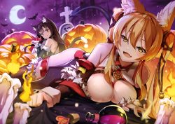 Rule 34 | 2girls, animal ear fluff, animal ears, bat (animal), breasts, cleavage, crescent moon, demon girl, fang, hair between eyes, halloween, jack-o&#039;-lantern, large breasts, looking at viewer, lying, moon, multiple girls, on stomach, original, purple sky, skin fang, sky, smile, tagme, thigh strap, thighhighs, zelitto