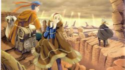 Rule 34 | 1girl, 2boys, backpack, bag, blonde hair, blue hair, boots, brown background, brown hair, cecilia lynne adelhyde, cloud, coat, creature, desert, fringe trim, from behind, green eyes, hairband, hanpan, headband, highres, hood, jack van burace, multiple boys, official art, ooba wakako, pants, pantyhose, poncho, ponytail, red hairband, rody roughnight, scan, scan artifacts, shoes, short hair, sky, striped clothes, striped legwear, striped pantyhose, tail, vertical-striped clothes, vertical-striped pantyhose, wild arms, wild arms 1
