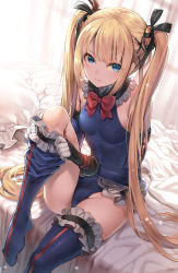 Rule 34 | 1girl, bare shoulders, bed, black bow, black gloves, blonde hair, blue eyes, blue leotard, blue one-piece swimsuit, blue sleeves, blue thighhighs, bow, breasts, closed mouth, commentary request, curtains, dead or alive, detached sleeves, frilled pillow, frilled thighhighs, frills, gloves, hagure keg, hair bow, hair ornament, hairclip, highres, leotard, long hair, long sleeves, marie rose, on bed, one-piece swimsuit, pillow, pulling own clothes, red bow, sitting, small breasts, smile, solo, swimsuit, thighhighs, thighhighs pull, thighs, transparent, twintails, very long hair, window, x hair ornament