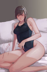 Rule 34 | 1girl, absurdres, amagami, arm support, backlighting, black one-piece swimsuit, blush, breasts, brown eyes, brown hair, competition school swimsuit, competition swimsuit, covered erect nipples, danieri, dated, from side, frown, highres, looking at viewer, medium breasts, on bed, one-piece swimsuit, pillow, ponytail, school swimsuit, scowl, signature, solo, sweat, swept bangs, swimsuit, thighs, tsukahara hibiki