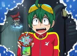 Rule 34 | appmon, digimon, digimon universe: appli monsters, digivice, gatchmon, goggles, goggles on head, green eyes, hat, highres, magnifying glass, meme, open mouth, shinkai haru, teeth