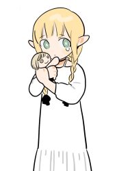 Rule 34 | 1girl, aged down, blonde hair, dress, dungeon meshi, elf, falin touden, falin touden (doll), frs2, green eyes, highres, hugging doll, hugging object, marcille donato, pointy ears, solo, tearing up, white dress