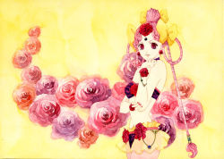 Rule 34 | 1990s (style), 1girl, bare shoulders, bishoujo senshi sailor moon, bishoujo senshi sailor moon supers, bow, cerecere (sailor moon), flower, hair bow, multiple hair bows, nail polish, nehuda, pink eyes, pink flower, pink hair, pink rose, red flower, red rose, retro artstyle, rose, simple background, solo, yellow background, yellow bow