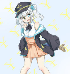 Rule 34 | 1girl, :d, bare shoulders, black hat, black jacket, blue background, blue eyes, blue ribbon, blush, braid, brown eyes, brown skirt, collared shirt, commentary request, dress shirt, hair ornament, hair ribbon, hat, heterochromia, holding, holding money, jacket, kagura gumi, kagura mea, kaiven banzhang, long sleeves, looking at viewer, money, off shoulder, open clothes, open jacket, open mouth, peaked cap, pleated skirt, ribbon, shirt, side braid, silver hair, single braid, skirt, sleeveless, sleeveless shirt, sleeves past wrists, smile, solo, twintails, v-shaped eyebrows, virtual youtuber, white shirt, wide sleeves, yen sign