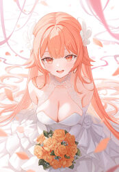 Rule 34 | 1girl, bare shoulders, blush, bouquet, breasts, bridal gauntlets, cleavage, commentary, commission, dress, flower, funii, hair flowing over, hair ornament, hair wings, heart, heart in eye, highres, holding, holding bouquet, indie virtual youtuber, large breasts, long hair, looking at viewer, open mouth, orange flower, orange rose, pillowdear, pink eyes, pink hair, pink ribbon, ribbon, rose, sleeveless, sleeveless dress, smile, solo, strapless, strapless dress, symbol in eye, teeth, upper teeth only, virtual youtuber, wedding dress, white background, white bridal gauntlets, white dress, white wings, wings