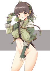 Rule 34 | 1girl, :p, absurdres, between breasts, blunt bangs, bottomless, braid, breasts, brown eyes, brown hair, capelet, contrapposto, cowboy shot, female pubic hair, flower knight girl, gloves, gradient hair, green capelet, green gloves, green hair, green sweater, hairband, highres, iyuka (ecalyu), large breasts, looking at viewer, multicolored hair, navel, partially fingerless gloves, pubic hair, quiver, ribbed sweater, short hair, simple background, single glove, smile, solo, standing, strap between breasts, sweater, thighs, tongue, tongue out, unaligned breasts, yomogi (flower knight girl)