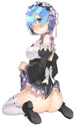 Rule 34 | 1girl, absurdres, ass, bare shoulders, black footwear, blue eyes, blue hair, blush, breasts, closed mouth, detached sleeves, from behind, full body, hair ornament, hair over one eye, hair ribbon, highres, kanzarin, looking at viewer, looking back, maid, maid headdress, medium breasts, no panties, puffy sleeves, re:zero kara hajimeru isekai seikatsu, rem (re:zero), ribbon, short hair, simple background, sitting, sketch, solo, thighhighs, white background, white thighhighs, x hair ornament