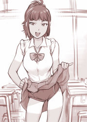 Rule 34 | 1girl, :d, bow, bowtie, classroom, clothes lift, commentary request, monochrome, open mouth, original, school, school uniform, short hair, shorts, shorts under skirt, sketch, skirt, skirt lift, sleeves rolled up, smile, solo, tan, tanline, ueyama michirou