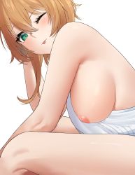 Rule 34 | 1girl, :p, absurdres, armpits, ayunda risu, backless dress, backless outfit, bare back, bare shoulders, blush, breasts, brown hair, dobure18, dress, from side, green eyes, hair between eyes, hair ornament, hairclip, highres, hololive, hololive indonesia, large breasts, looking at viewer, naked sweater, nipples, no bra, one eye closed, simple background, sitting, solo, sweater, sweater dress, thighs, tongue, tongue out, virtual youtuber, white background, white sweater