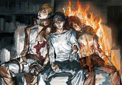 Rule 34 | 1other, 2boys, absurdres, blind, blood, boots, burning, burning clothes, controller, death, erwin smith, eyepatch, feet out of frame, guro, hange zoe, head on another&#039;s shoulder, highres, holding, holding remote control, lanyan511, levi (shingeki no kyojin), looking at viewer, missing finger, multiple boys, painterly, pants, remote control, shingeki no kyojin, short hair, sitting