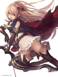 Rule 34 | 1girl, arisa (shadowverse), blonde hair, boots, brown footwear, brown thighhighs, copyright name, cygames, elbow gloves, elf, gloves, green eyes, hair ribbon, highres, long hair, mushimaro, open mouth, pointy ears, red ribbon, ribbon, shadowverse, simple background, solo, tachikawa mushimaro, thigh boots, thighhighs, white background