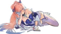 Rule 34 | 1girl, artist name, blue dress, blue hair, book, commentary, dress, elbow rest, genshin impact, gloves, highres, horns, jea (dark jea), long hair, lying, multicolored hair, off-shoulder dress, off shoulder, on side, open book, pink hair, purple eyes, purple thighhighs, reading, sangonomiya kokomi, simple background, solo, streaked hair, thighhighs, white background, white gloves