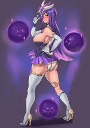 Rule 34 | 1girl, absurdres, alternate costume, alternate hair color, alternate hairstyle, ass, b.sa (bbbs), boots, breasts, curvy, elbow gloves, energy ball, familiar, forehead protector, gloves, hand on own hip, high heel boots, high heels, highres, large breasts, league of legends, long hair, looking back, magical girl, panties, purple eyes, purple hair, sideboob, skirt, solo, star (symbol), star guardian (league of legends), star guardian syndra, syndra, thick thighs, thigh boots, thighhighs, thighs, underwear
