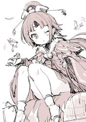 Rule 34 | 1girl, benienma (fate), bird, bird on hand, blush, fate/grand order, fate (series), furorida, hat, monochrome, one eye closed, sitting, sketch, solo, sparrow, thighs, white background, wide sleeves
