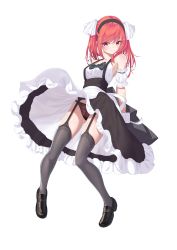 Rule 34 | 1girl, absurdres, apron, arm cuffs, bare shoulders, black bow, black footwear, black hairband, black skirt, black thighhighs, bow, brown panties, closed mouth, deatheach, full body, garter straps, hairband, highres, long hair, looking at viewer, maid, original, panties, pantyshot, red eyes, red hair, shoes, simple background, skirt, smile, solo, standing, thighhighs, underbust, underwear, waist apron, white background