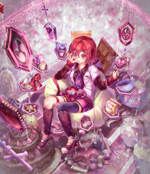 Rule 34 | 1girl, black thighhighs, blush, box, chocolate, cookie, cross, cup, drum, egg, finger in own mouth, flour, food, full body, gift, gift box, hair between eyes, hair ornament, highres, horikawa raiko, instrument, jacket, long sleeves, looking at viewer, milk, milk carton, necktie, open clothes, open jacket, plaid, plaid shirt, purple necktie, purple skirt, red eyes, red hair, shirt, shoes, shometsu-kei no teruru, short hair, single thighhigh, skirt, sneakers, solo, taiko drum, thighhighs, touhou, whisk, white jacket
