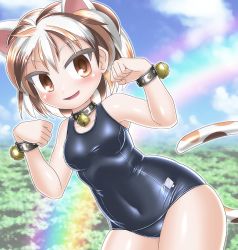 Rule 34 | 1girl, animal ears, bell, blue one-piece swimsuit, breasts, brown eyes, brown hair, calico, cat ears, cat tail, covered navel, gesture, goutokuji mike, jingle bell, looking at viewer, maneki-neko, medium breasts, multicolored hair, multicolored tail, old school swimsuit, one-piece swimsuit, patch, paw pose, school swimsuit, shiny clothes, shiny skin, short hair, skin tight, skindentation, solo, standing, streaked hair, swimsuit, tail, touhou, white hair, winn