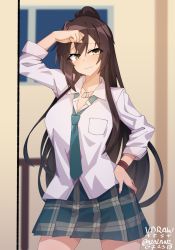 Rule 34 | 1girl, blue necktie, blue skirt, blurry, blurry background, breast pocket, brown eyes, brown hair, closed mouth, collared shirt, contrapposto, cowboy shot, dated, depth of field, hand on own hip, hand up, highres, idolmaster, idolmaster shiny colors, indoors, long hair, long sleeves, looking at viewer, necktie, pleated skirt, pocket, ponytail, popped collar, shirase sakuya, shirt, skirt, smile, solo, tilt-shift (azalanz), twitter username, very long hair, wing collar, wristband