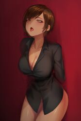 Rule 34 | 1girl, absurdres, arms behind back, bad id, bad pixiv id, black shirt, bottomless, breasts, brown eyes, brown hair, cleavage, collarbone, collared shirt, dark-skinned female, dark skin, dolsig ilangnolja, ear piercing, earrings, half-closed eyes, highres, jewelry, large breasts, limbus company, long sleeves, looking at viewer, open mouth, outis (project moon), piercing, project moon, red background, shirt, short hair, solo, tongue, tongue out