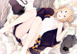Rule 34 | 1girl, abigail williams (fate), abigail williams (swimsuit foreigner) (fate), abigail williams (swimsuit foreigner) (second ascension) (fate), absurdres, bare shoulders, barefoot, blonde hair, blue eyes, blush, bonnet, bow, breasts, fate/grand order, fate (series), feet up, forehead, highres, huge filesize, kurogiri, long hair, looking at viewer, lying, on back, one-piece swimsuit, parted bangs, sidelocks, small breasts, solo, swimsuit, thighs, very long hair, white headwear, white one-piece swimsuit