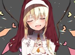 Rule 34 | 1girl, blonde hair, chisiro unya (unya draw), crystal, closed eyes, fang, flandre scarlet, habit, head tilt, heart, light particles, nail polish, nun, own hands together, praying, red headwear, simple background, smile, solo, touhou, upper body, wings, wrist cuffs