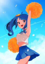 1girl arm_up armpits blue_eyes blue_hair blue_skirt blush bow cheerleader cloud crop_top hair_bow highres hirogaru_sky!_precure holding kyanos_(b_0000ff) medium_hair midriff open_mouth pleated_skirt pom_pom_(cheerleading) precure shirt side_ponytail skirt sky sleeveless sleeveless_shirt solo sora_harewataru sunlight two-tone_shirt yellow_bow