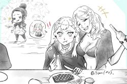 Rule 34 | 3girls, black clover, breasts, charmy pappitson, cleavage, closed eyes, highres, large breasts, midriff, multiple girls, noelle silva, smile, twintails, vanessa enoteca