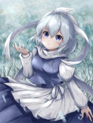 Rule 34 | 1girl, apron, arm at side, arm up, blue eyes, blue hair, blue skirt, blue vest, commentary, cowboy shot, crying, crying with eyes open, day, from above, grass, hair between eyes, hat, highres, kayon (touzoku), letty whiterock, light blue hair, long sleeves, looking at viewer, outdoors, parted lips, pin, scarf, shirt, short hair, skirt, solo, standing, tears, touhou, vest, waist apron, white hat, white scarf, white shirt