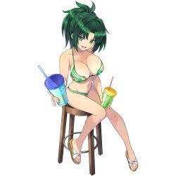 Rule 34 | 1girl, bikini, breasts, cleavage, dolphin wave, green eyes, green hair, harunami anri, highres, large breasts, navel, official art, ponytail, sandals, solo, swimsuit