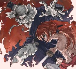 Rule 34 | 2boys, angry, artist request, bandaged arm, bandages, battle, blue eyes, clenched teeth, epic, eye contact, fighting, fire, highres, himura kenshin, incoming attack, looking at another, multiple boys, ponytail, red eyes, rurouni kenshin, serious, shishio makoto, sword, teeth, torn clothes, weapon