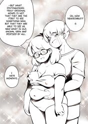 Rule 34 | !, !!, 1boy, 1girl, :3, absurdres, arms at sides, belly grab, blush, bra, breasts, cleavage, closed eyes, cloudxmoe, collarbone, covered erect nipples, cowboy shot, crying, english text, fat rolls, flying sweatdrops, glasses, grabbing, grabbing from behind, highres, looking down, medium breasts, medium hair, monochrome, navel, off shoulder, open mouth, original, panties, plump, semi-rimless eyewear, shirt, short hair, short sleeves, shorts, smile, speech bubble, t-shirt, thick arms, thick thighs, thighs, under-rim eyewear, underwear