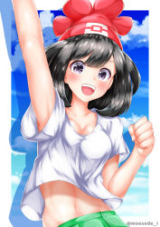 Rule 34 | 1girl, :d, absurdres, arm up, armpits, black hair, blue eyes, blush, breasts, cleavage, clenched hand, collarbone, creatures (company), game freak, green pants, groin, hat, highres, midriff, moesode i, navel, nintendo, open mouth, pants, pokemon, pokemon sm, red hat, selene (pokemon), shadow, shirt, short sleeves, small breasts, smile, solo, stomach, twitter username, upper body