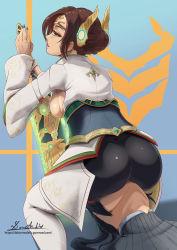 Rule 34 | 1boy, 1girl, absurdres, alexandria (xenoblade), ass, boots, breasts, brown hair, doktor malefic, fingernails, from behind, green eyes, hair bun, hair ornament, highres, huge ass, large breasts, looking back, looking down, naughty face, pants, shiny clothes, shiny skin, short hair, sideboob, sitting, sitting on face, sitting on person, smile, sword, thigh boots, weapon, xenoblade chronicles (series), xenoblade chronicles 3