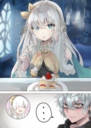 Rule 34 | 1boy, 1girl, anastasia (fate), blue eyes, cake, cape, commentary request, crown, doll, dress, fate/grand order, fate (series), food, fork, fur trim, hair over one eye, hairband, highres, holding, jacket, jewelry, kadoc zemlupus, long hair, looking at viewer, mini crown, open mouth, ribbon, royal robe, very long hair, white hair, yellow eyes, yufou