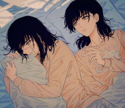 Rule 34 | 2girls, angry, bed sheet, black hair, breasts, chainsaw man, clenched teeth, facial scar, highres, long hair, long sleeves, looking at another, lying, messy hair, mitaka asa, multiple girls, hugging object, on back, on side, pillow, pillow hug, ringed eyes, scar, scar on cheek, scar on face, shirt, small breasts, teeth, yellow eyes, yoru (chainsaw man), yumu (8181018)