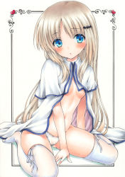 Rule 34 | 1girl, bat hair ornament, blonde hair, blue eyes, blush, breasts, cape, full body, hair ornament, hand rest, heart, little busters!, long hair, looking at viewer, marker (medium), millipen (medium), navel, no shoes, noumi kudryavka, on floor, panties, parted lips, ren (endscape20), see-through, shadow, sidelocks, sitting, small breasts, solo, stomach, thighhighs, traditional media, underwear, very long hair, wariza, white background, white cape, white panties, white thighhighs